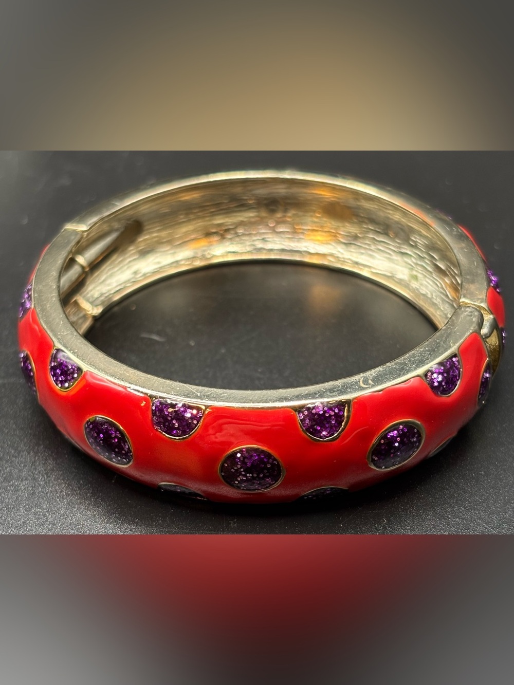 Red Enamel Purple Glitter Polka Dot Hinged Bangle Bracelet Gold Tone Mod Cuff
